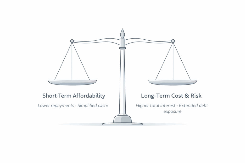 Visual scale illustrating the balance between short-term affordability and long-term cost and risk when consolidating debt